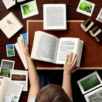 ** A person studying books and articles about environmental management, surrounded by publications from environmental organizations and webinar announcements. The overall mood should be studious and determined, hinting at preparing for certification.

**