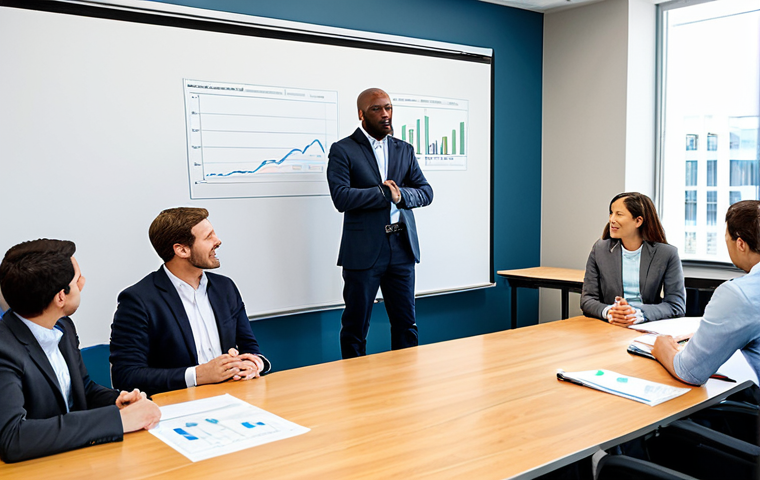 A diverse group of professional adults, fully clothed in appropriate business attire, are actively participating in a collaborative environmental management training session. They are gathered around a large table in a bright, modern conference room, engaged in a discussion with focus and enthusiasm. The setting includes whiteboards displaying sustainability models and charts, emphasizing continuous learning and innovation. The atmosphere is collaborative and forward-thinking. Perfect anatomy, correct proportions, natural poses, well-formed hands, proper finger count. Professional photography, high-quality, safe for work, appropriate content, fully clothed, modest.