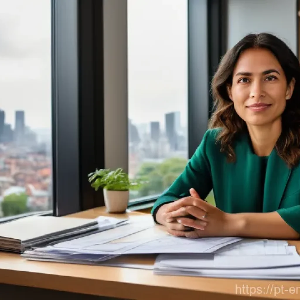 환경경영 이론과 실제 적용의 차이 - **Prompt:** A determined female entrepreneur, mid-30s, of Portuguese or Brazilian descent, sits at a...