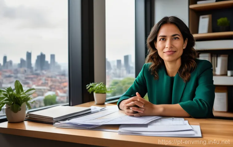 환경경영 이론과 실제 적용의 차이 - **Prompt:** A determined female entrepreneur, mid-30s, of Portuguese or Brazilian descent, sits at a...