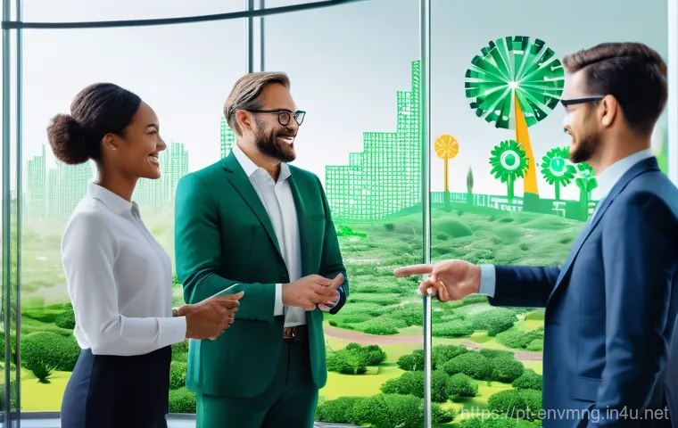 환경경영 자격증 취득을 위한 핵심 포인트 - **Prompt:** A dynamic and inspiring scene depicting the "Green Wave" of environmental innovation mee...