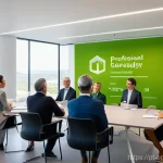 Home 11 환경경영 분야 이직 시 필요 역량 - A group of diverse professionals, including men and women of various ages, in a modern, well-lit mee...