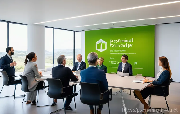 환경경영 분야 이직 시 필요 역량 - A group of diverse professionals, including men and women of various ages, in a modern, well-lit mee...