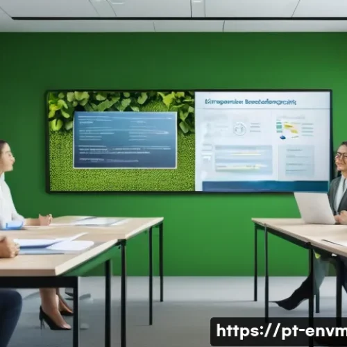 Home 7 환경경영 실무 경험을 위한 가이드 - A modern corporate office environment with diverse employees participating in an environmental train...