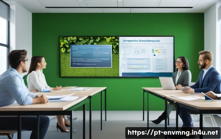 환경경영 실무 경험을 위한 가이드 - A modern corporate office environment with diverse employees participating in an environmental train...