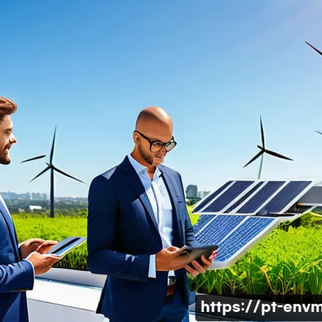 환경경영 분야 최신 트렌드 - A modern corporate office rooftop in Brazil equipped with sleek solar panels and small wind turbines...