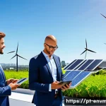 Home 22 환경경영 분야 최신 트렌드 - A modern corporate office rooftop in Brazil equipped with sleek solar panels and small wind turbines...