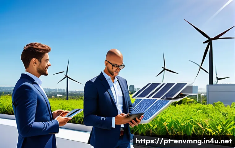 환경경영 분야 최신 트렌드 - A modern corporate office rooftop in Brazil equipped with sleek solar panels and small wind turbines...
