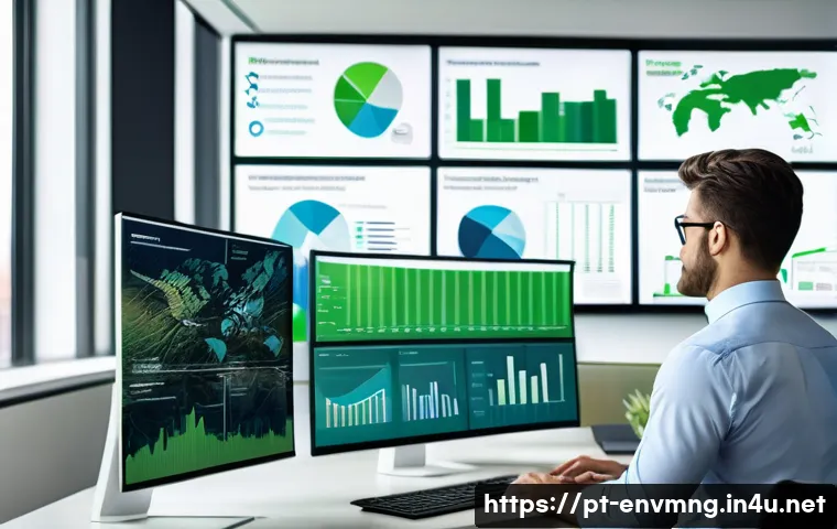 환경경영 직무 전환 준비 - A professional environmental manager in a modern office setting, analyzing digital maps and sustaina...