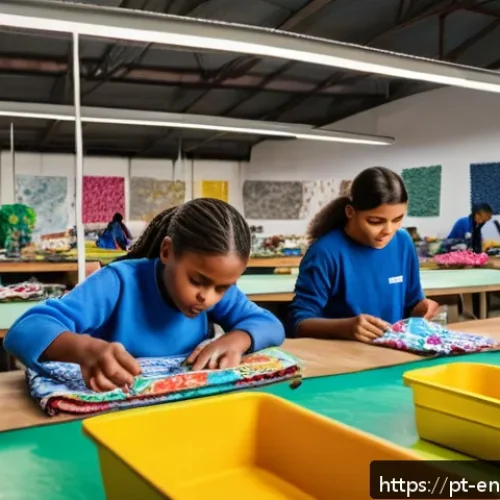 Home 30 환경경영 실무 사례 분석 - A modern Brazilian textile factory workshop brightly lit with natural sunlight, showing diverse work...