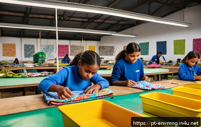 환경경영 실무 사례 분석 - A modern Brazilian textile factory workshop brightly lit with natural sunlight, showing diverse work...