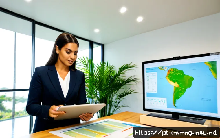 환경경영 업무 효율화 전략 - Photorealistic Brazilian environmental management team in a bright modern office, diverse profession...